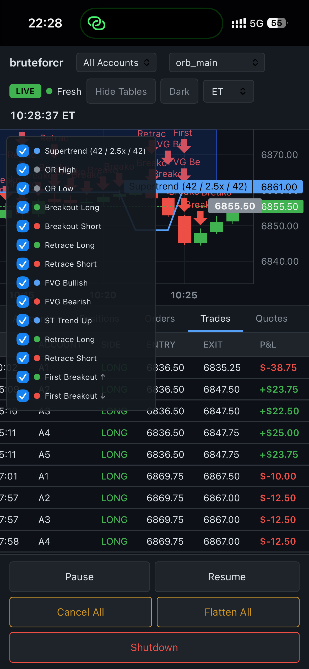 Mobile control interface showing live account and execution controls
